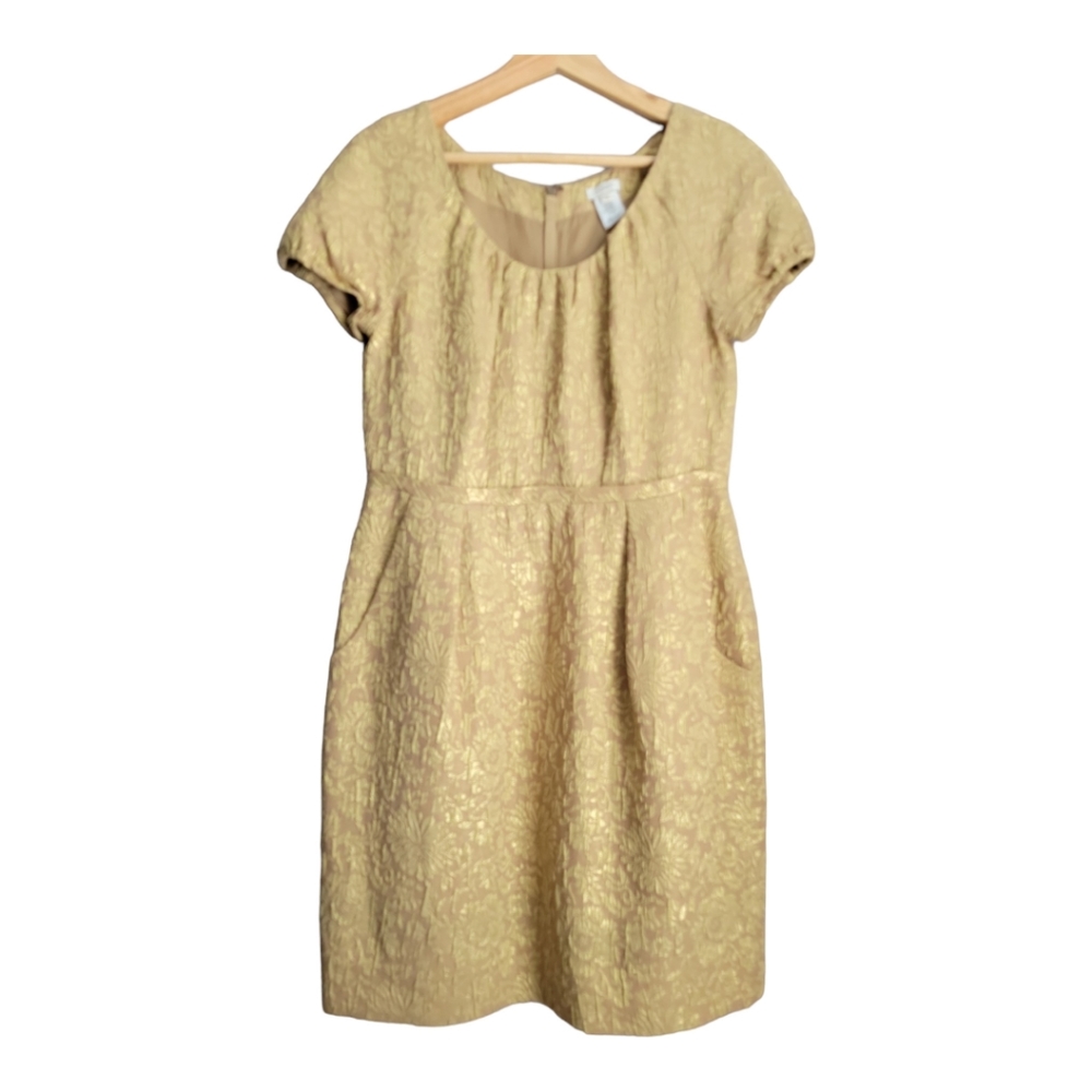 J Crew Metallic Gold Floral Texture Brocade Dress Size 6